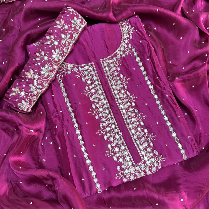 Dola Silk Mirror & Cutdana Handwork Unstitched Suit Set - KF00389 - 1