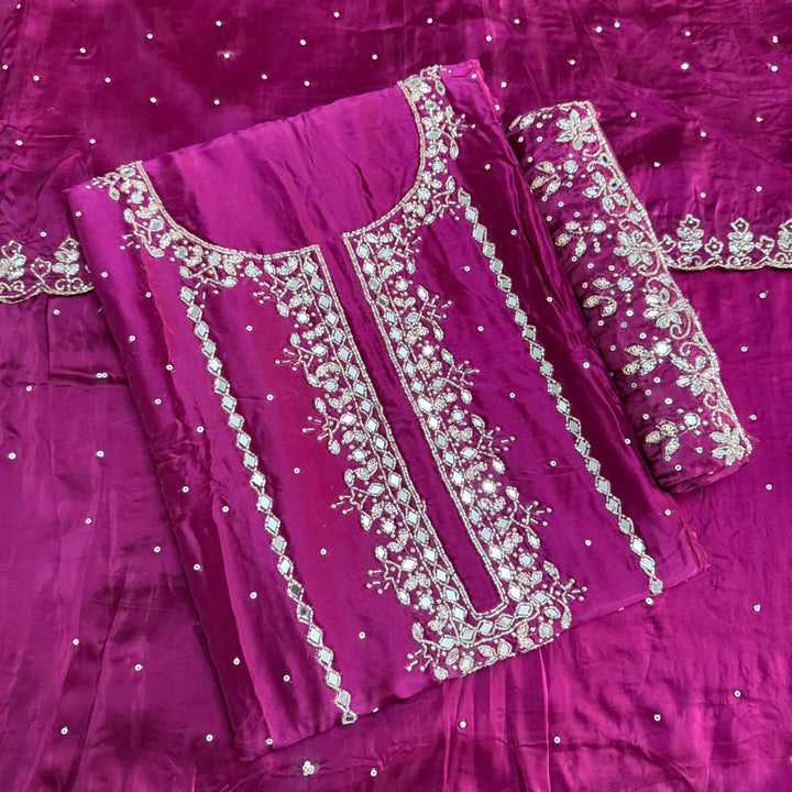 Dola Silk Mirror & Cutdana Handwork Unstitched Suit Set - KF00389 - 1
