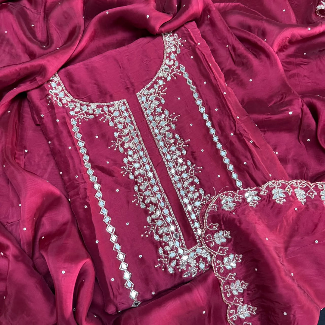Dola Silk Mirror & Cutdana Handwork Unstitched Suit Set - KF00389 -3