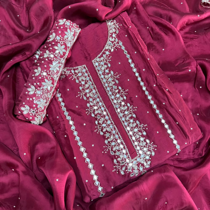 Dola Silk Mirror & Cutdana Handwork Unstitched Suit Set - KF00389 -3