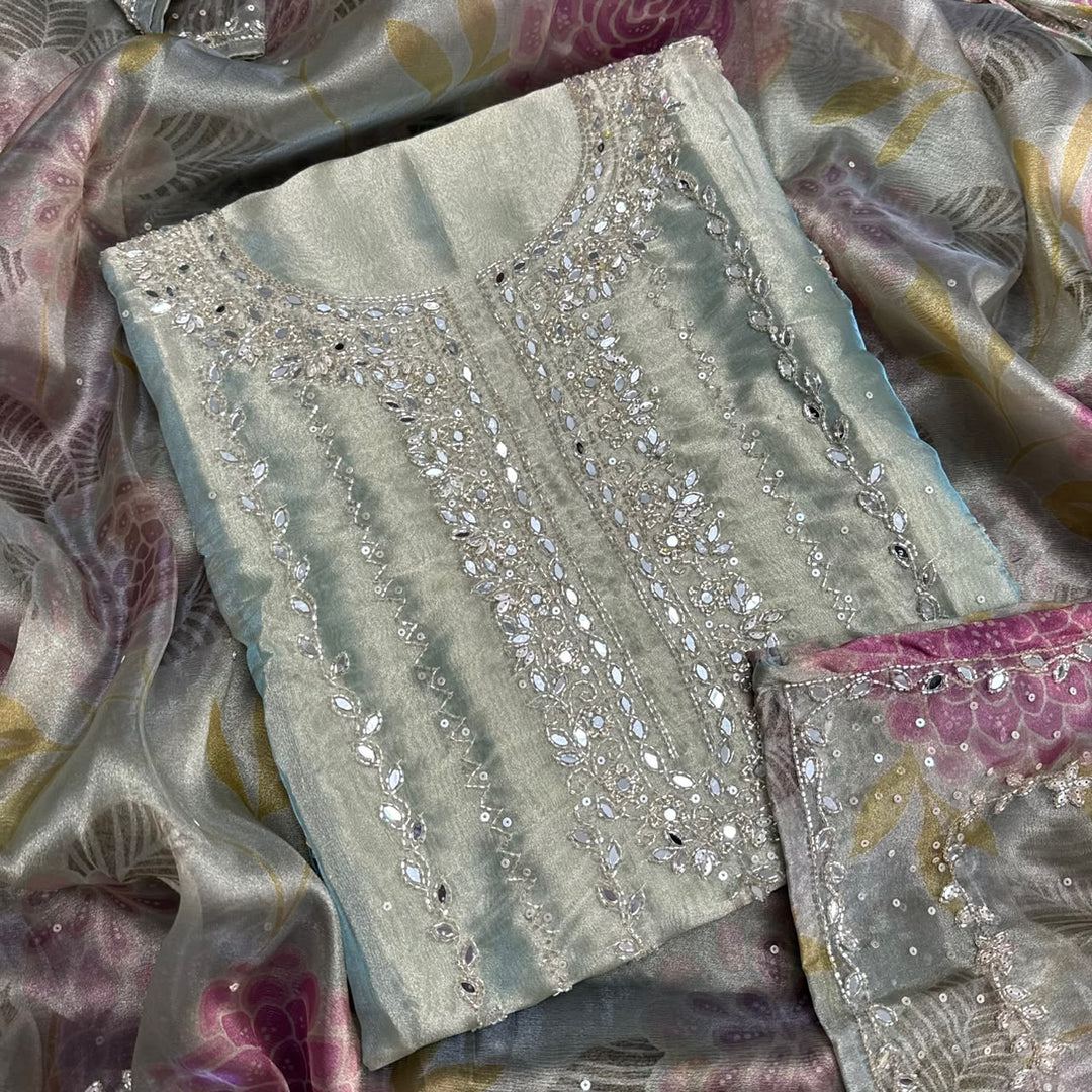 Luxury Glass Tissue Mirror, Sequins & Cutdana Work Unstitched Suit Set - KF00302 - B