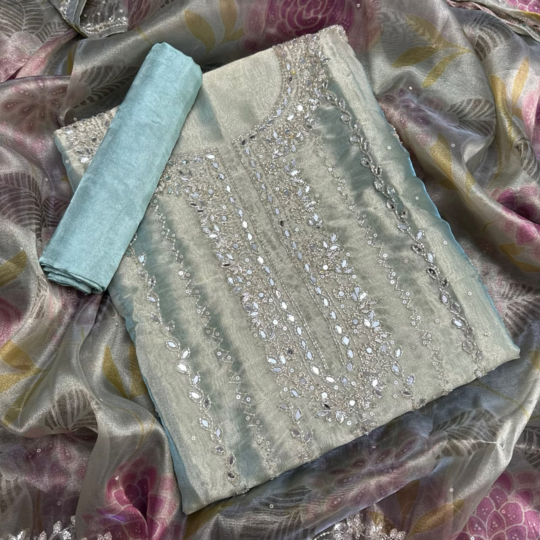 Luxury Glass Tissue Mirror, Sequins & Cutdana Work Unstitched Suit Set - KF00302 - B