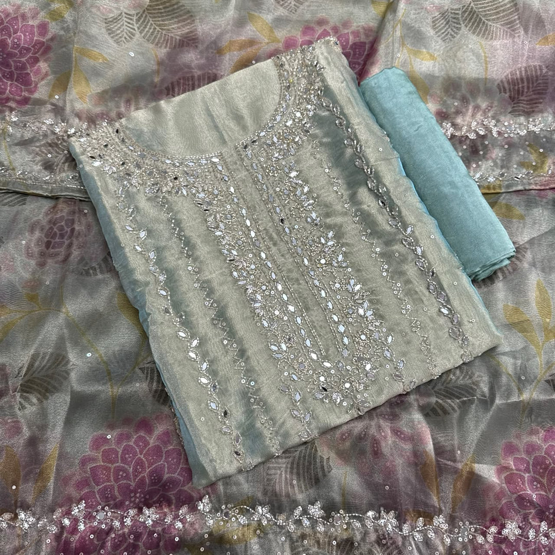 Luxury Glass Tissue Mirror, Sequins & Cutdana Work Unstitched Suit Set - KF00302 - B