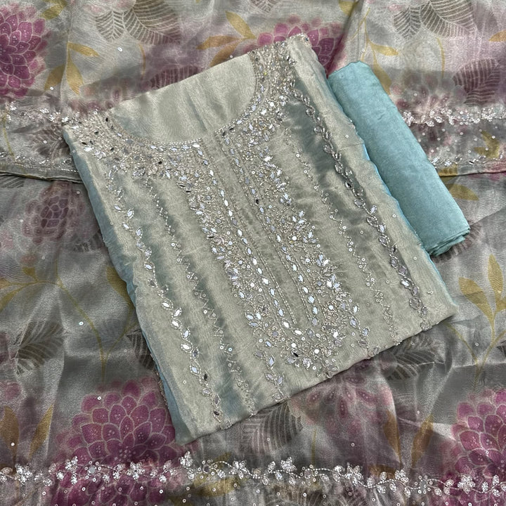 Luxury Glass Tissue Mirror, Sequins & Cutdana Work Unstitched Suit Set - KF00302 - B