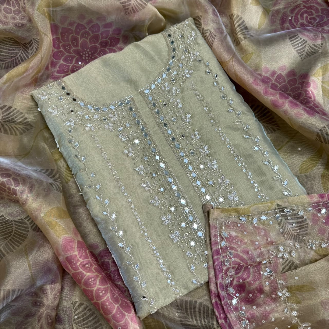 Luxury Glass Tissue Mirror, Sequins & Cutdana Work Unstitched Suit Set - KF00302 - C