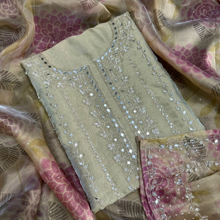 Luxury Glass Tissue Mirror, Sequins & Cutdana Work Unstitched Suit Set - KF00302 - C