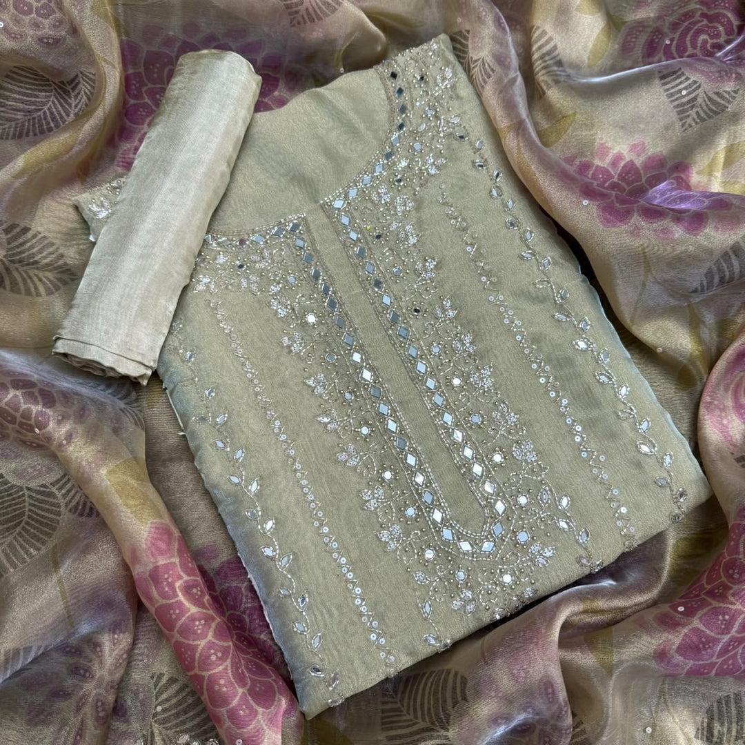 Luxury Glass Tissue Mirror, Sequins & Cutdana Work Unstitched Suit Set - KF00302 - C
