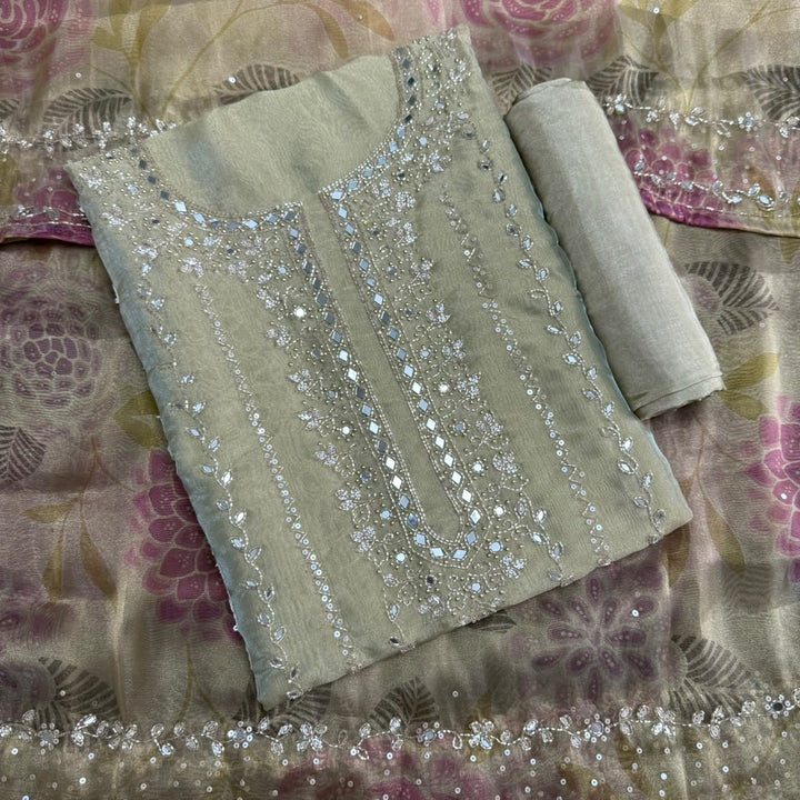 Luxury Glass Tissue Mirror, Sequins & Cutdana Work Unstitched Suit Set - KF00302 - C