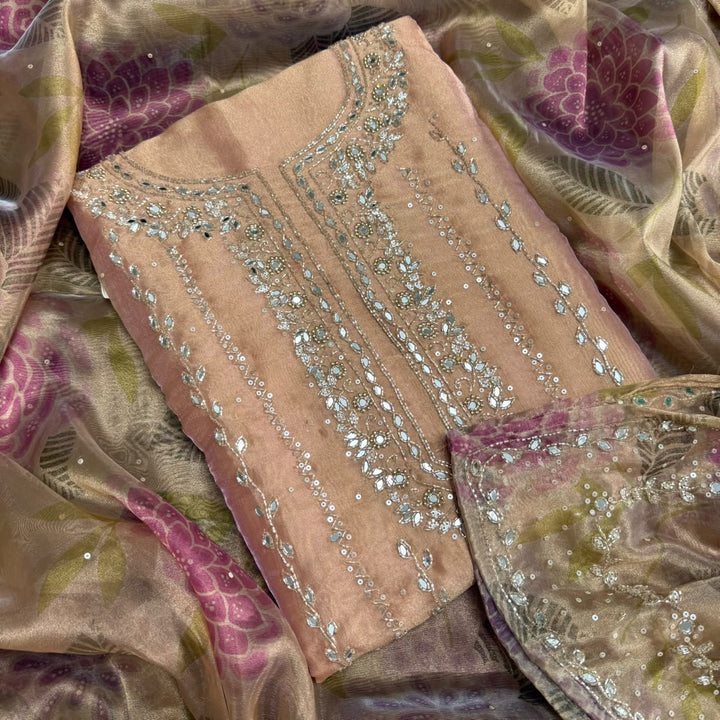 Luxury Glass Tissue Mirror, Sequins & Cutdana Work Unstitched Suit Set - KF00302 - A