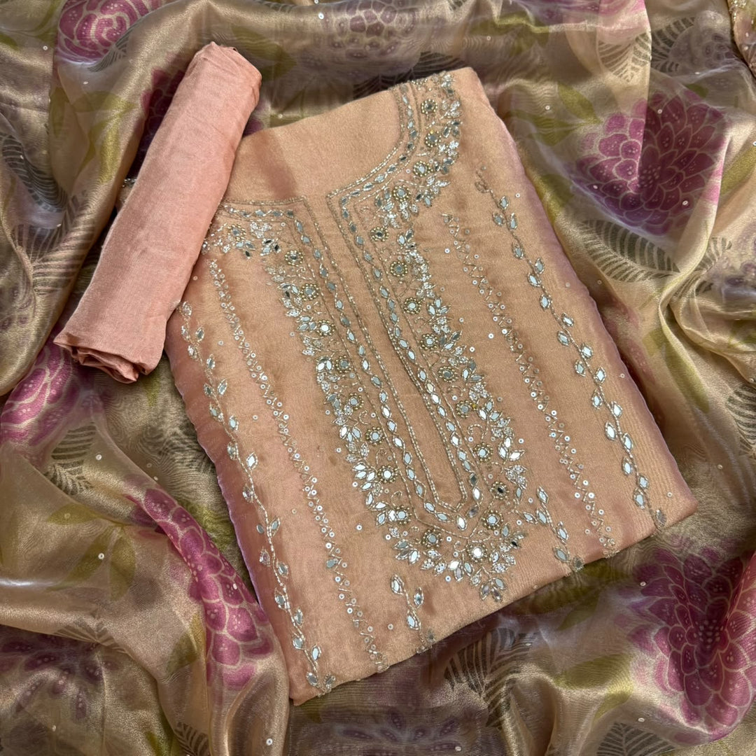Luxury Glass Tissue Mirror, Sequins & Cutdana Work Unstitched Suit Set - KF00302 - A