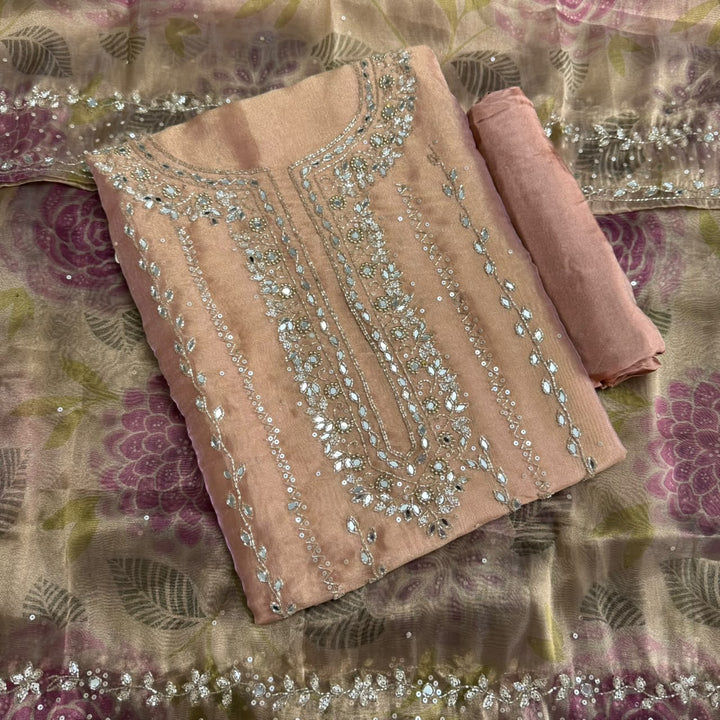 Luxury Glass Tissue Mirror, Sequins & Cutdana Work Unstitched Suit Set - KF00302 - A