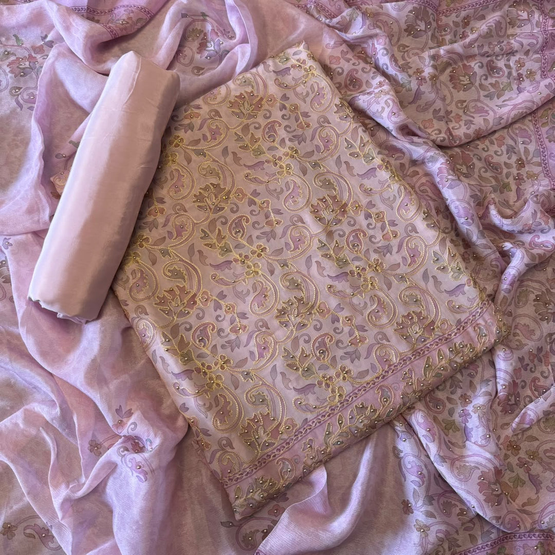 Viscose Crepe Printed Aari Work Unstitched Suit Set - SL1603 - C