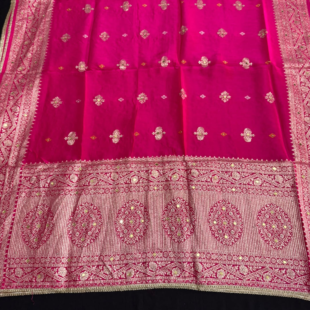 Dola Silk Bandhani Zari Mirror Work Unstitched Suit Set - D13147 - 1