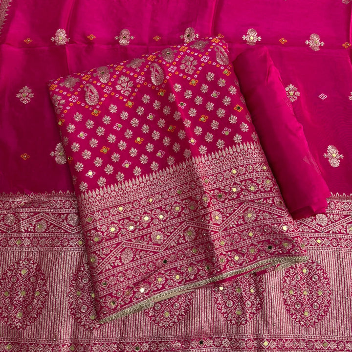 Dola Silk Bandhani Zari Mirror Work Unstitched Suit Set - D13147 - 1