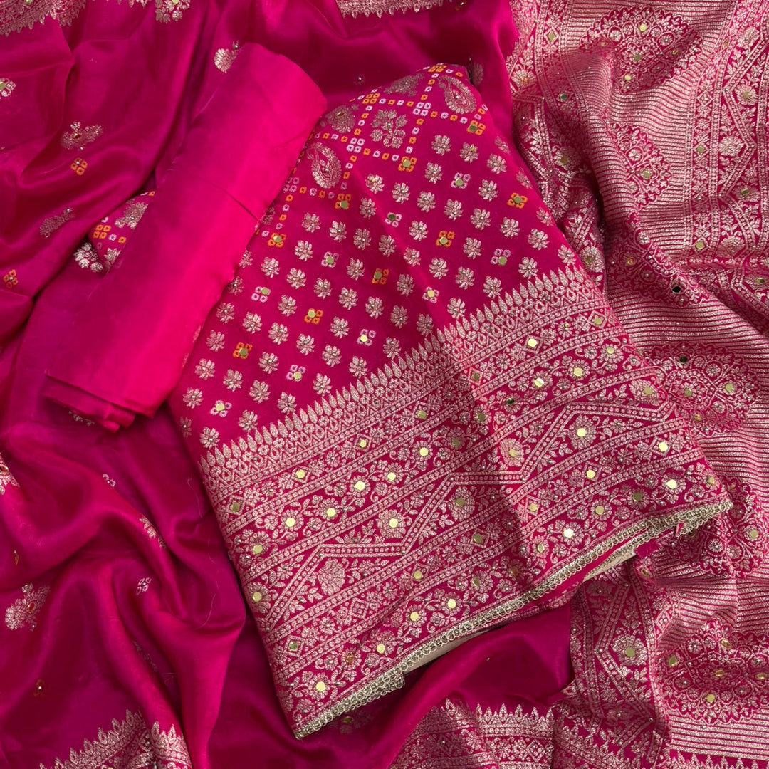 Dola Silk Bandhani Zari Mirror Work Unstitched Suit Set - D13147 - 1