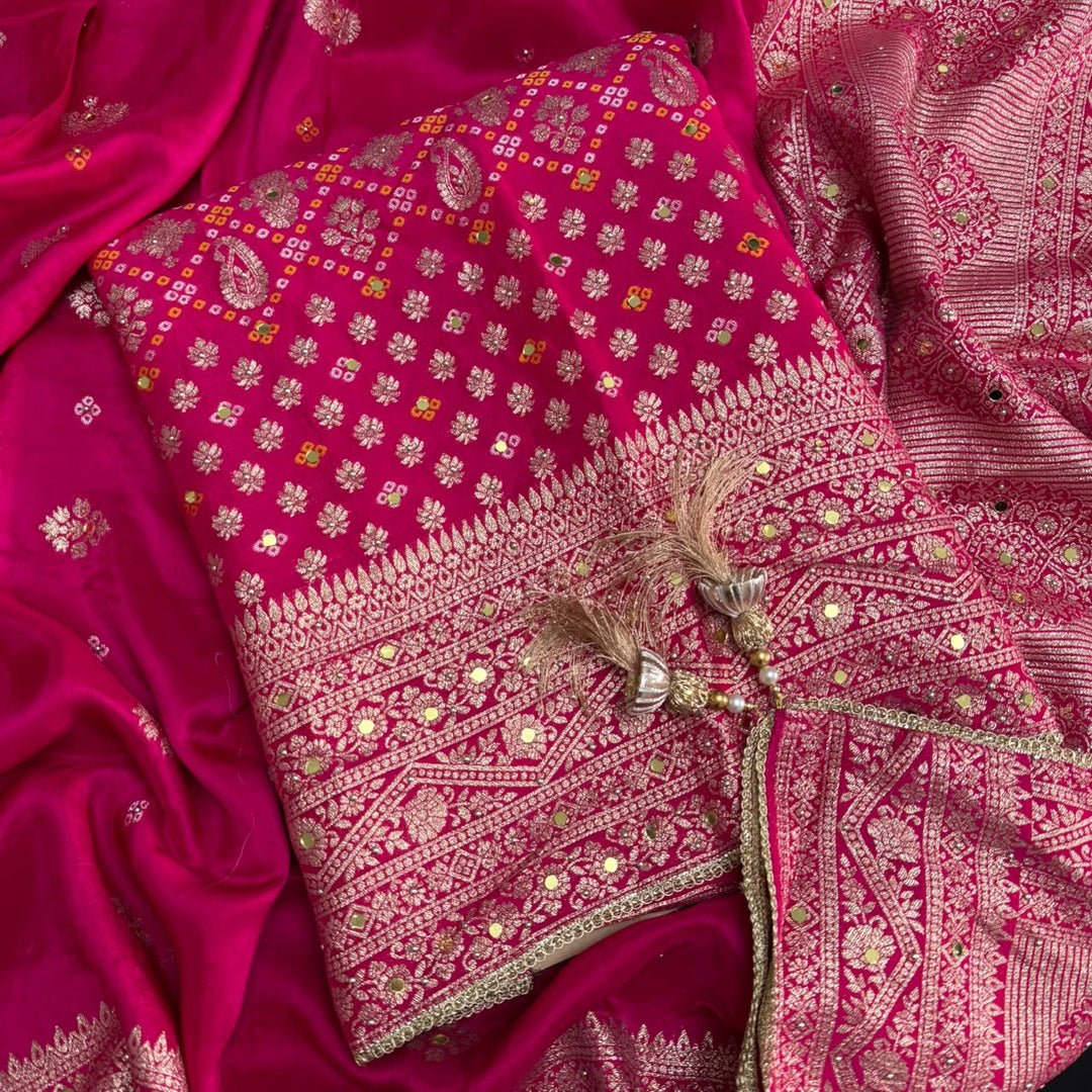 Dola Silk Bandhani Zari Mirror Work Unstitched Suit Set - D13147 - 1