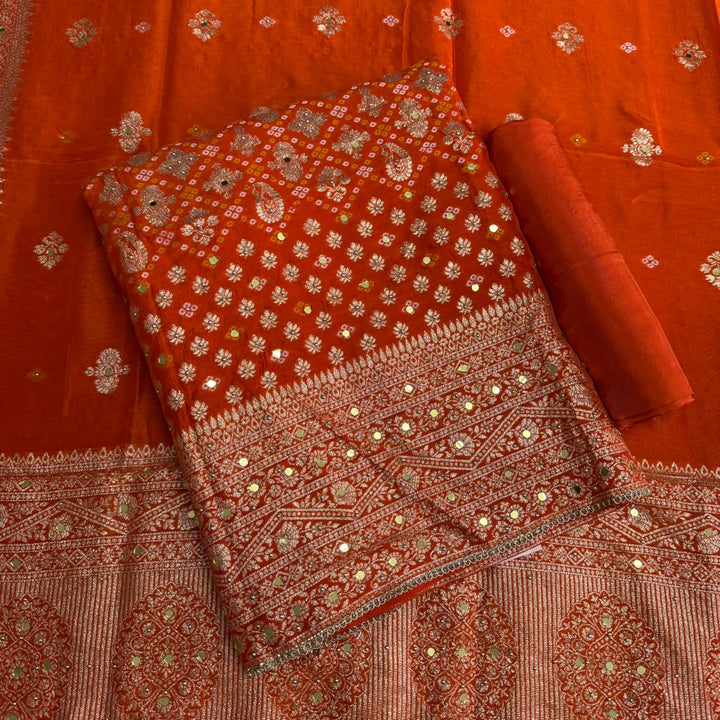 Dola Silk Bandhani Zari Mirror Work Unstitched Suit Set - D13147 - 2