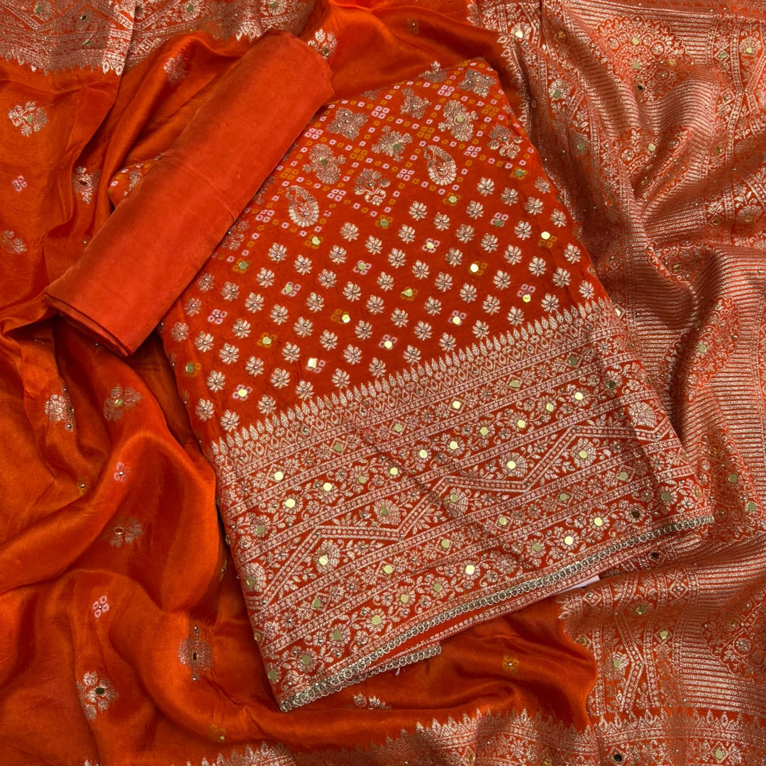 Dola Silk Bandhani Zari Mirror Work Unstitched Suit Set - D13147 - 2