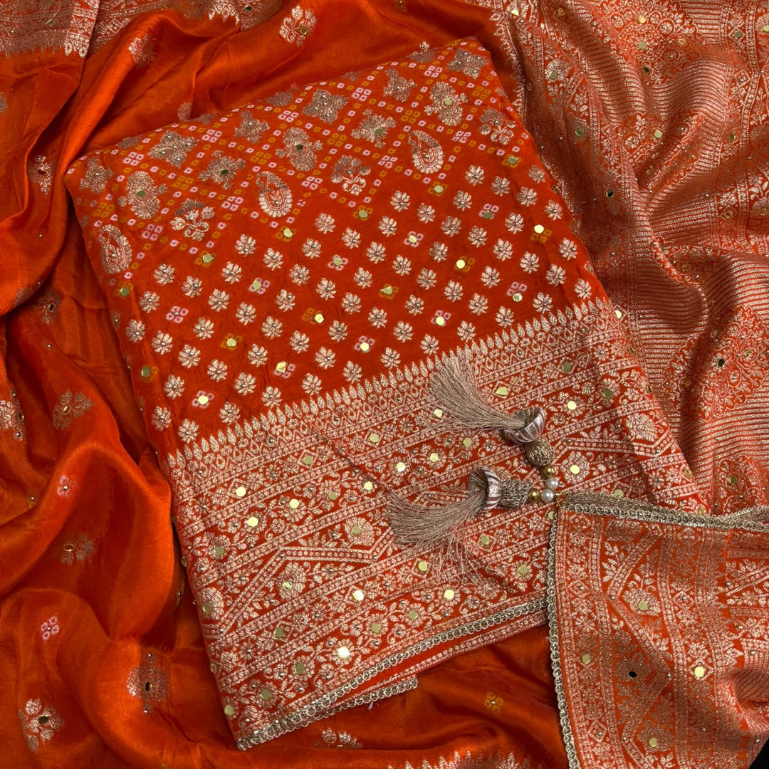 Dola Silk Bandhani Zari Mirror Work Unstitched Suit Set - D13147 - 2