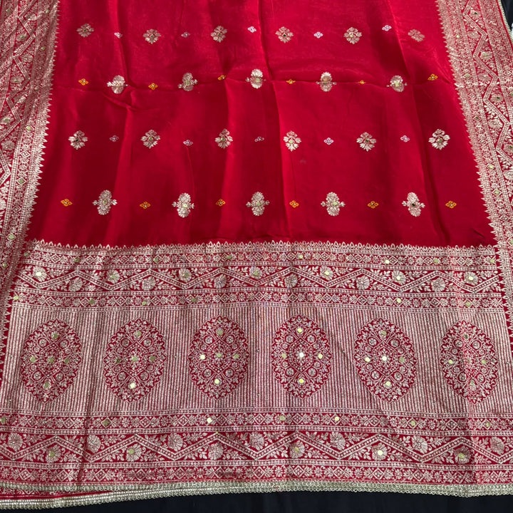 Dola Silk Bandhani Zari Mirror Work Unstitched Suit Set - D13147 - 3