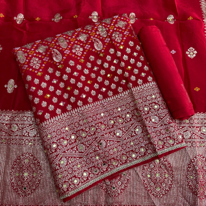 Dola Silk Bandhani Zari Mirror Work Unstitched Suit Set - D13147 - 3