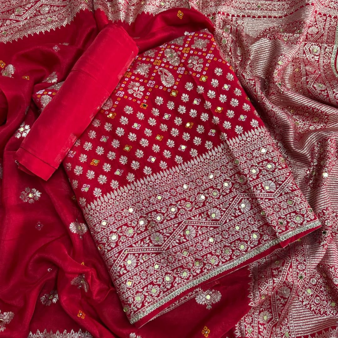 Dola Silk Bandhani Zari Mirror Work Unstitched Suit Set - D13147 - 3
