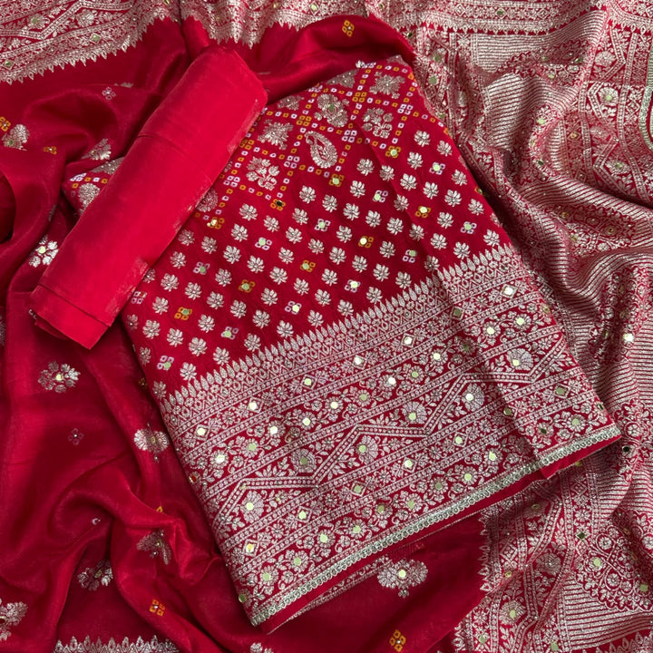 Dola Silk Bandhani Zari Mirror Work Unstitched Suit Set - D13147 - 3