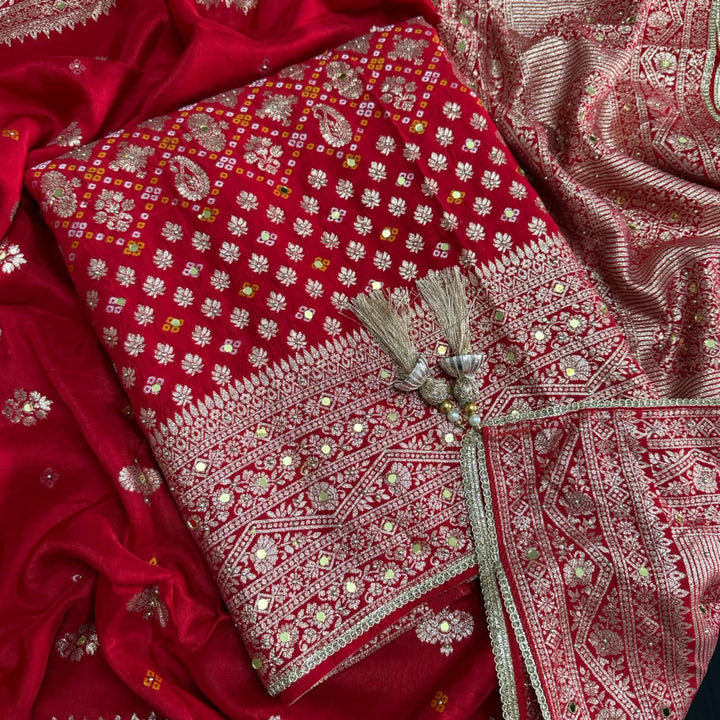 Dola Silk Bandhani Zari Mirror Work Unstitched Suit Set - D13147 - 3