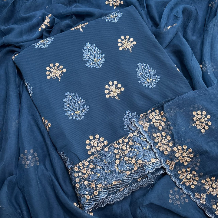Beautiful Georgette Thread Work Unstitched Suit Set - 001633 - 1