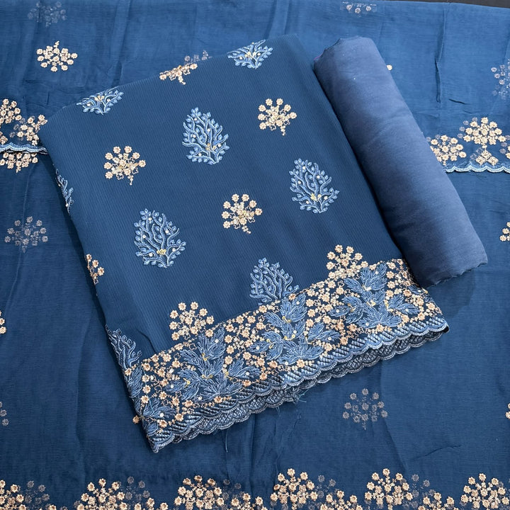 Beautiful Georgette Thread Work Unstitched Suit Set - 001633 - 1