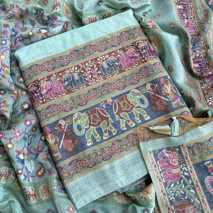 Elegant Chanderi Jamdani Weave Unstitched Suit Set - AHS20658 - E
