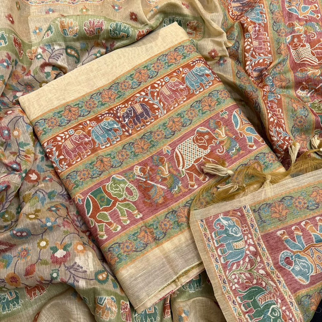Elegant Chanderi Jamdani Weave Unstitched Suit Set - AHS20658 - B