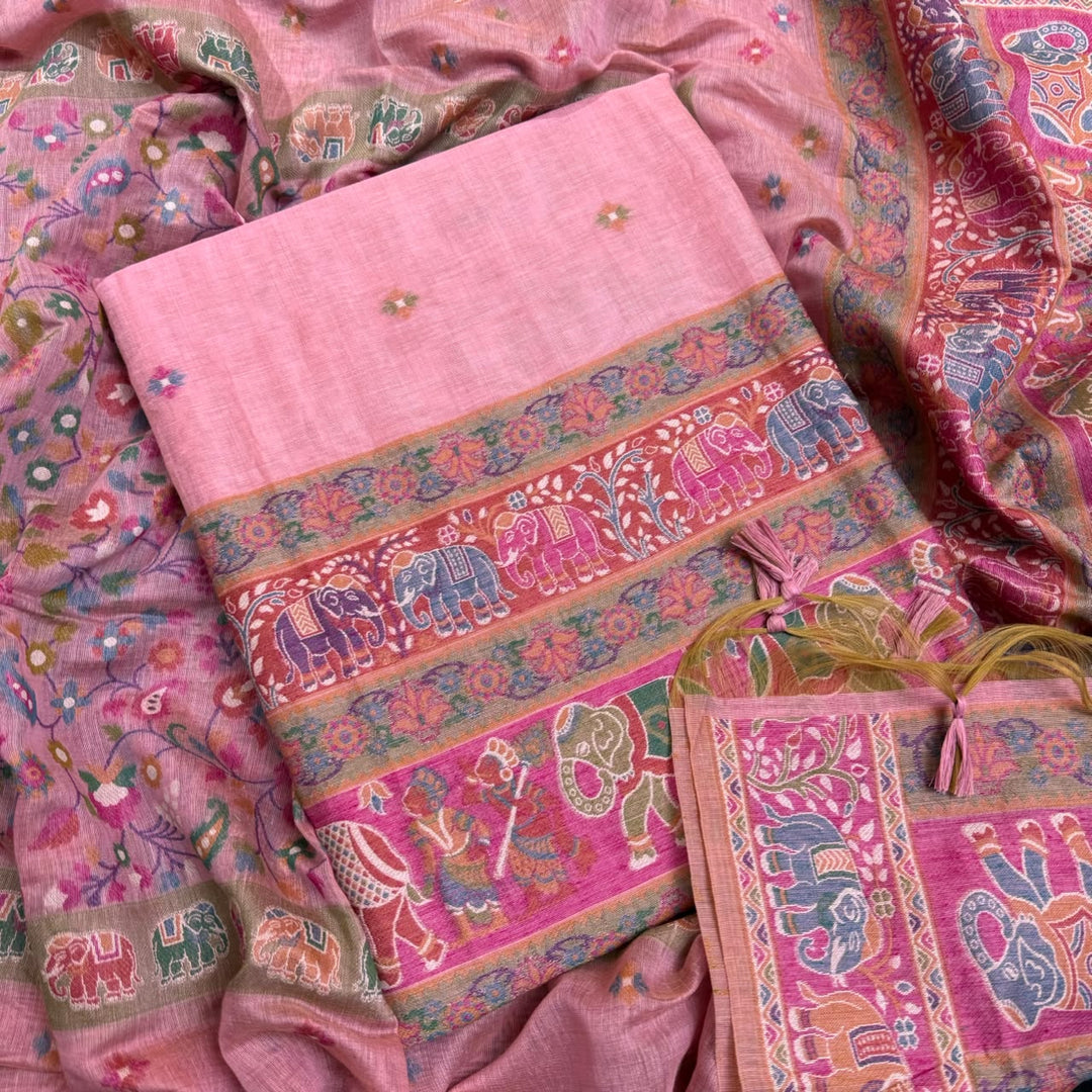 Elegant Chanderi Jamdani Weave Unstitched Suit Set - AHS20658 - A