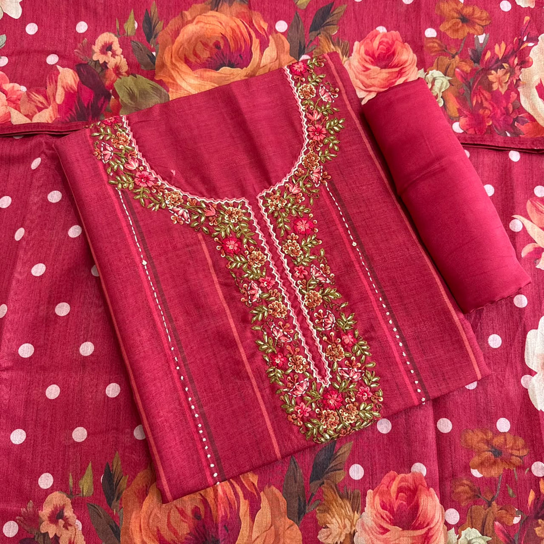 Premium Teeji Silk Thread Work Unstitched Suit Set - SU2396 - 1