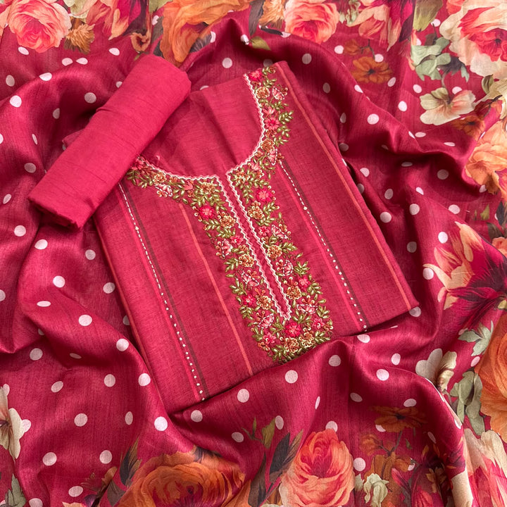 Premium Teeji Silk Thread Work Unstitched Suit Set - SU2396 - 1