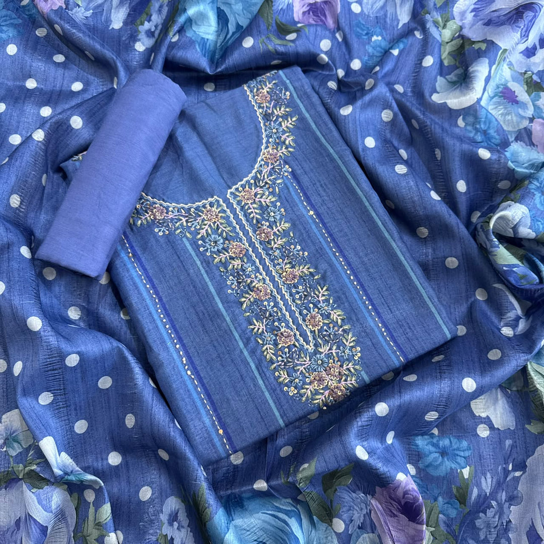 Premium Teeji Silk Thread Work Unstitched Suit Set - SU2396 - 2