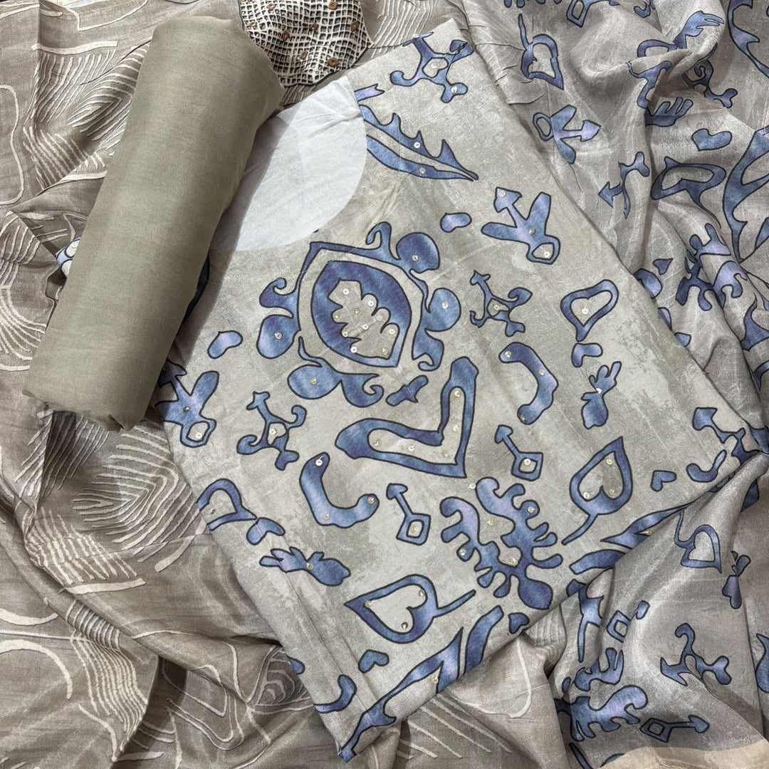 Premium Muslin Printed Sequin Work Unstitched Suit Set-KF2810