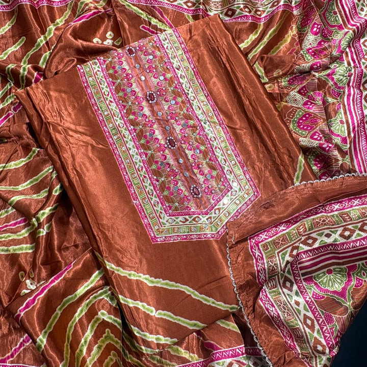Premium Satin Crepe Sequin With Mirror Work Unstitched Suit Set-272157-2