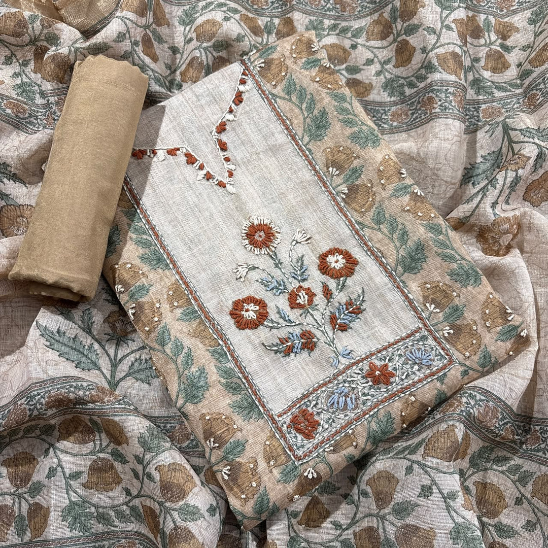Elegant Printed Linen Unstitched Suit Set-RD0196-Q