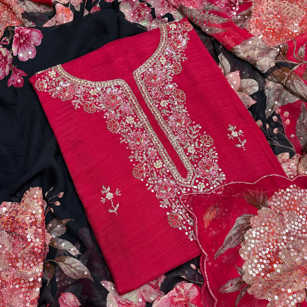 Elegant Raw Silk Dabka Sequin & Moti Work Unstitched Suit Set-KD2321A-A