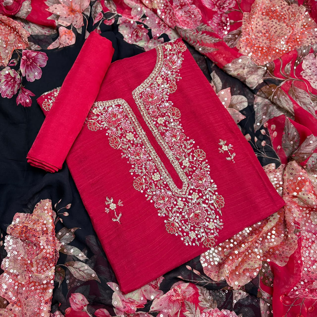 Elegant Raw Silk Dabka Sequin & Moti Work Unstitched Suit Set-KD2321A-A