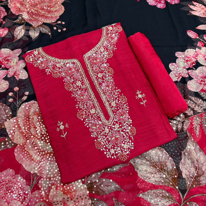 Elegant Raw Silk Dabka Sequin & Moti Work Unstitched Suit Set-KD2321A-A