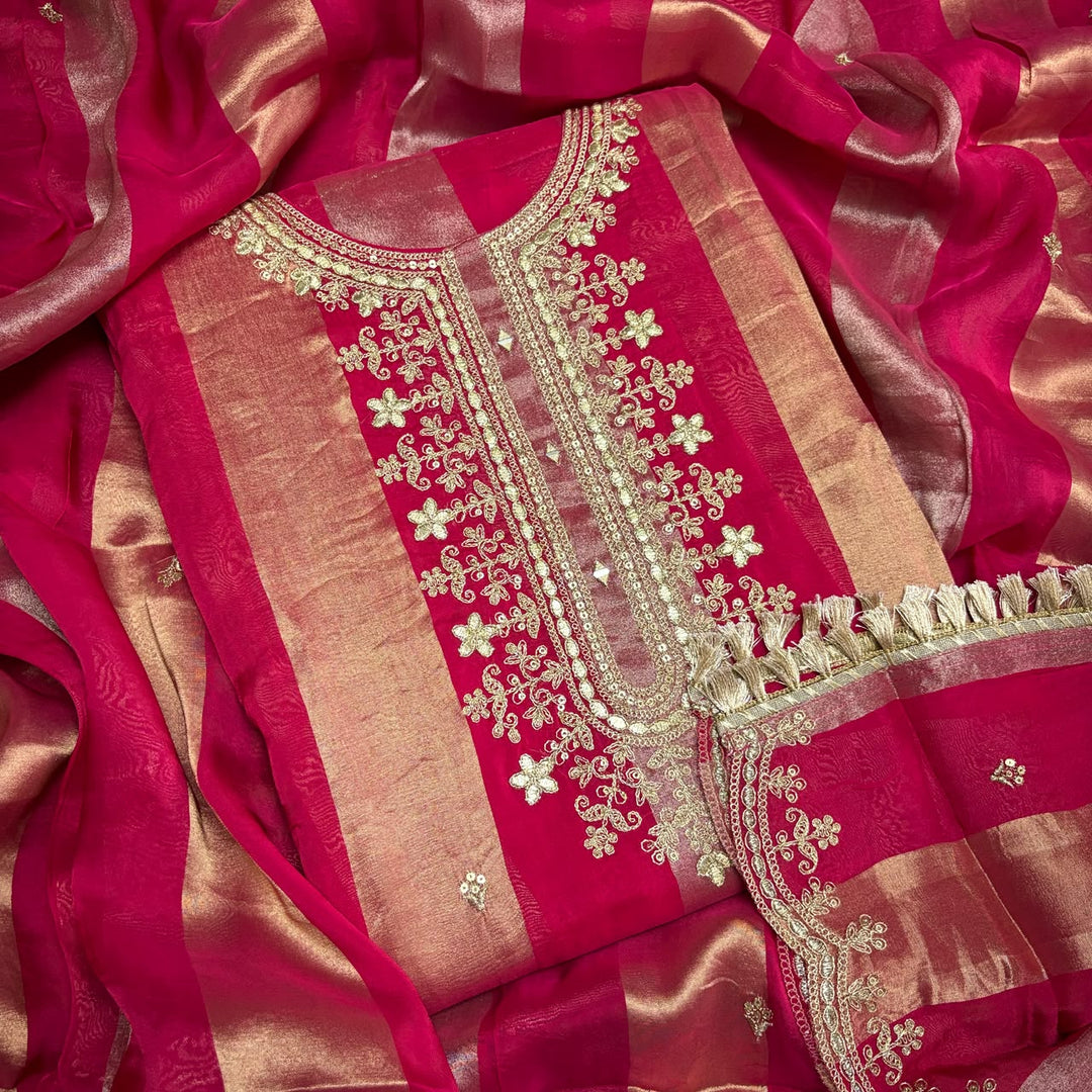 Premium Silk Organza Gota Patti & Zari Work Unstitched Suit Set-NTL8196