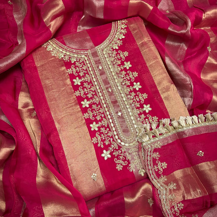 Premium Silk Organza Gota Patti & Zari Work Unstitched Suit Set-NTL8196