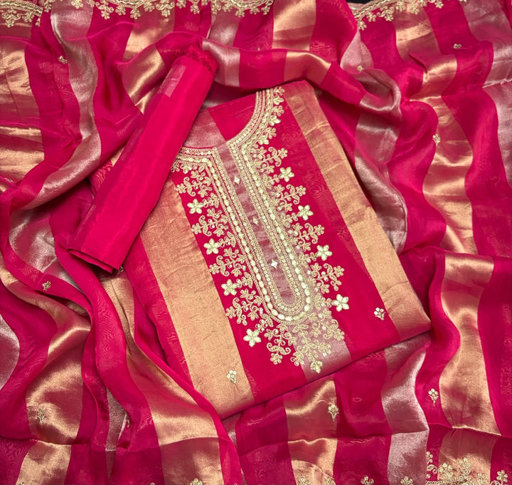 Premium Silk Organza Gota Patti & Zari Work Unstitched Suit Set-NTL8196