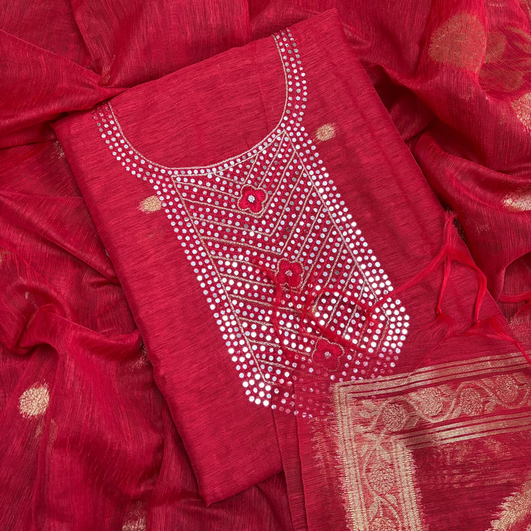 Premium Khadi Silk Mirror & Zari Work Unstitched Suit Set-N09307