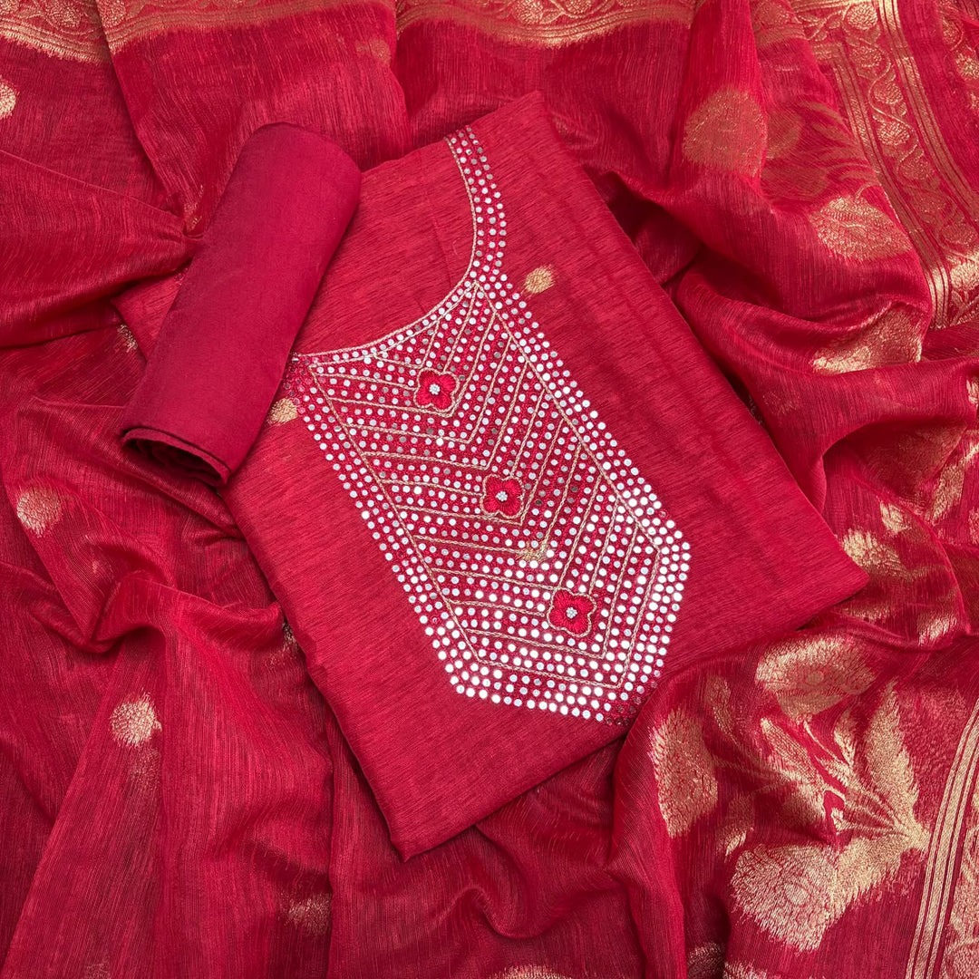 Premium Khadi Silk Mirror & Zari Work Unstitched Suit Set-N09307
