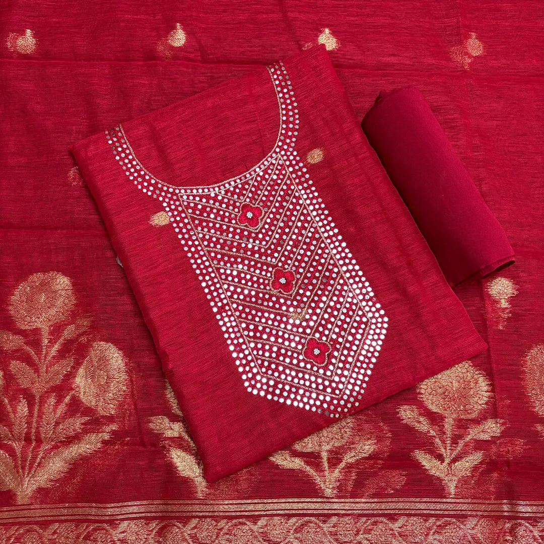 Premium Khadi Silk Mirror & Zari Work Unstitched Suit Set-N09307