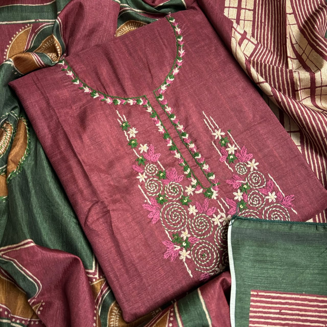 Elegant Tiji Silk Thread & Single Dori Work Unstitched Suit Set-RE0410-A