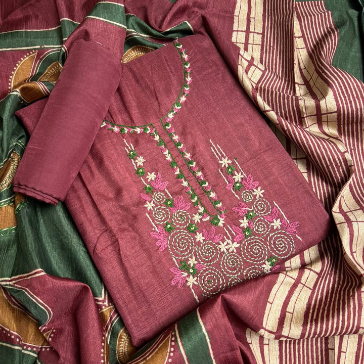 Elegant Tiji Silk Thread & Single Dori Work Unstitched Suit Set-RE0410-A